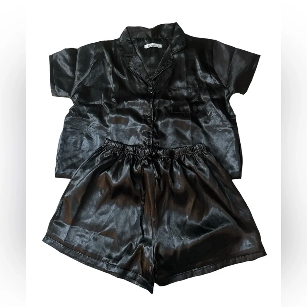 Women JV joan vass black shine two piece pajama set size M - Picture 2 of 6